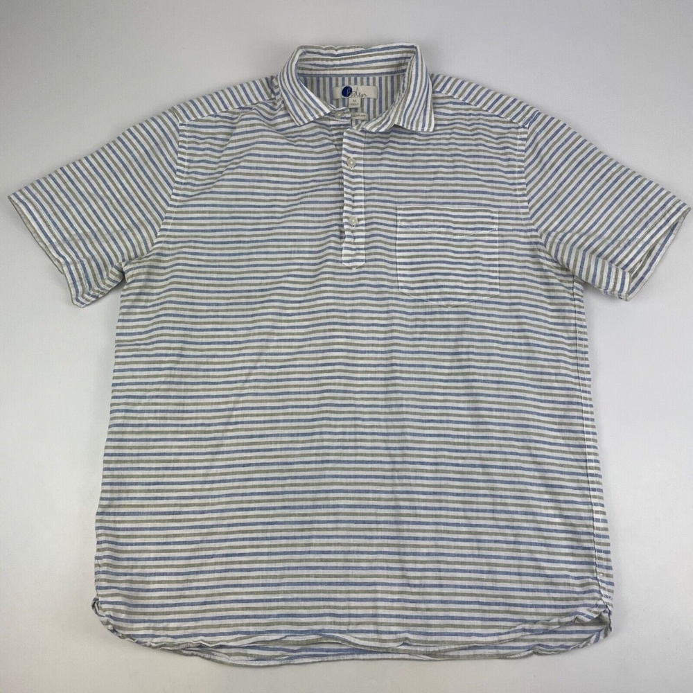 Boden Mens Size M Linen Blend Short Sleeve 1/4 Button Down Collared Shirt Blue